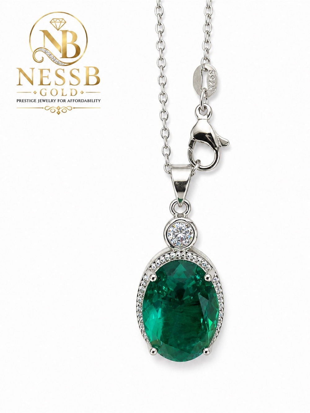 Sterling Silver Emerald Green Oval Pendant Necklace